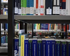 Bücherregal in der Hochschulbibliothek mit Büchern aus der Volkswirtschaftslehre.